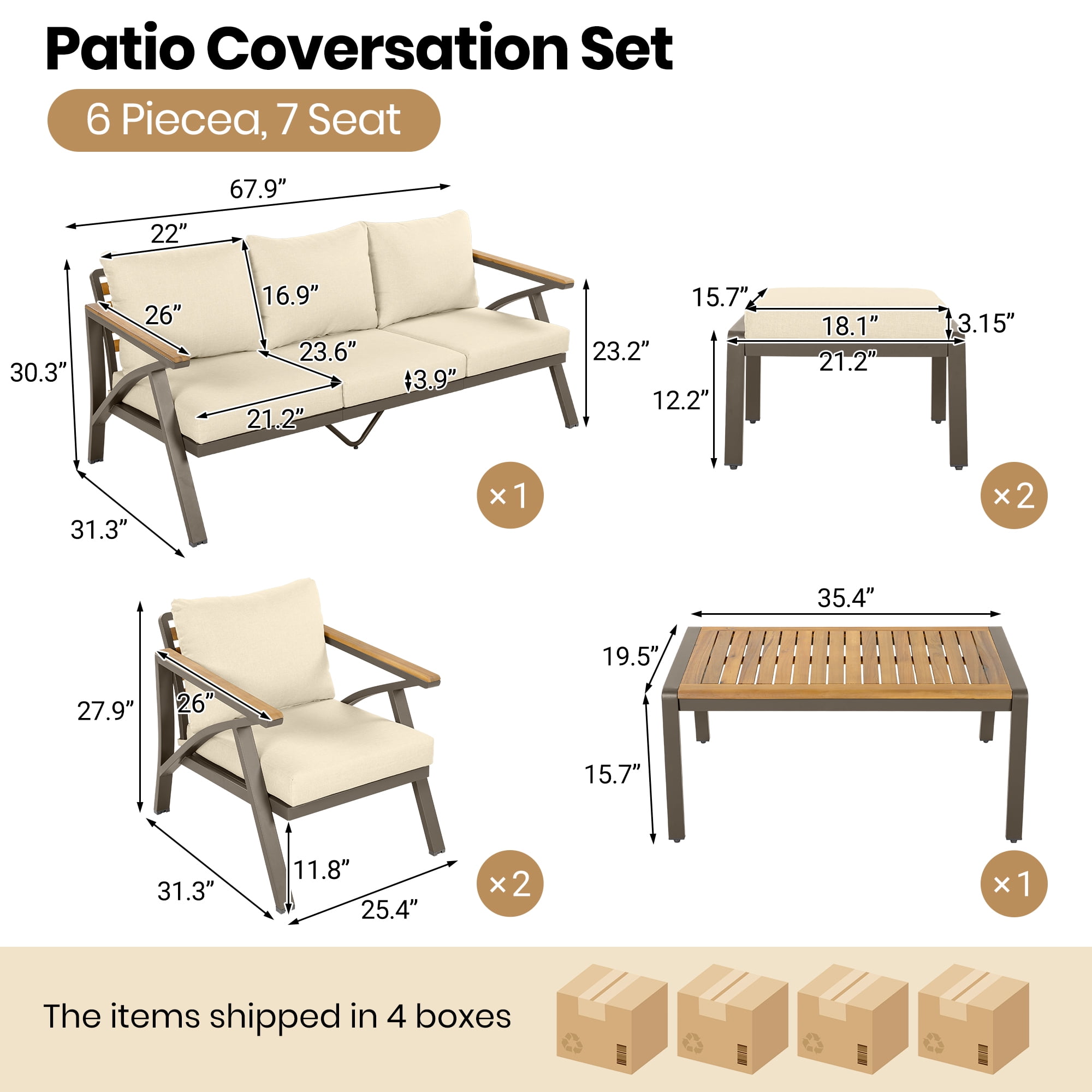 Complete 6-Piece Outdoor Patio Furniture Set with Steel Frame Sofa, 3-Seat Couch, 2 Armchairs, 2 Ottomans and Acacia Wood Coffee Table, Cushions for Backyard Garden, Beige