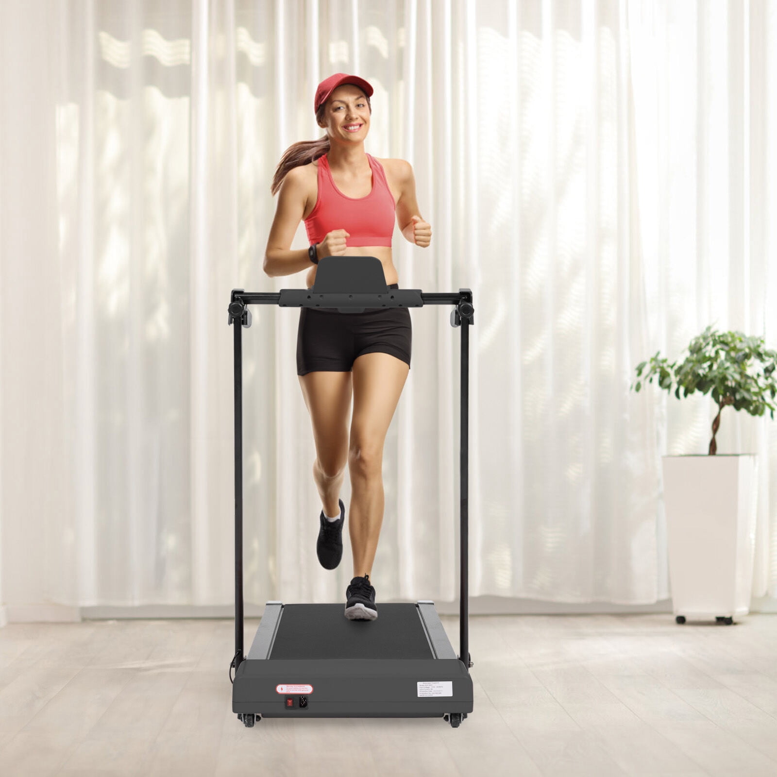 Black Iron Treadmill for Home, 49.2""L x 23.6""W x 42.9""H, 50.1lbs, LED Screen Treadmill with 7.5mph Speed, Walking & Running Machine with Built-in Wheels for Easy Storage