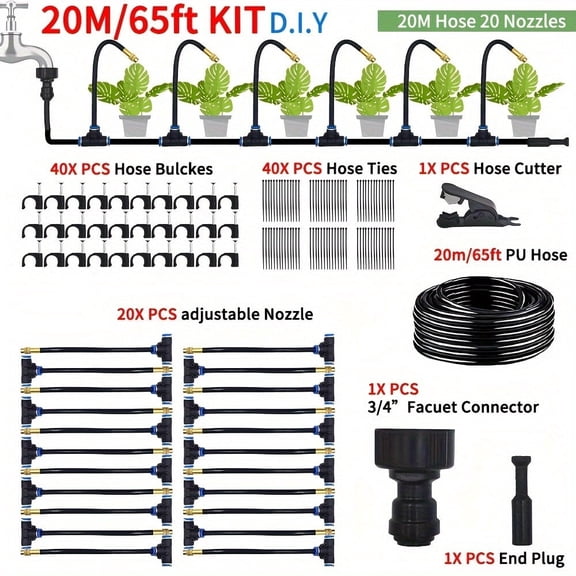 FungLam 65ft Drip Irrigation Kit Garden Irrigation System Plant Watering Drip Adjustable Upgrade Garden Irrigation Kit with 16pcs Adjustable Copper Nozzles