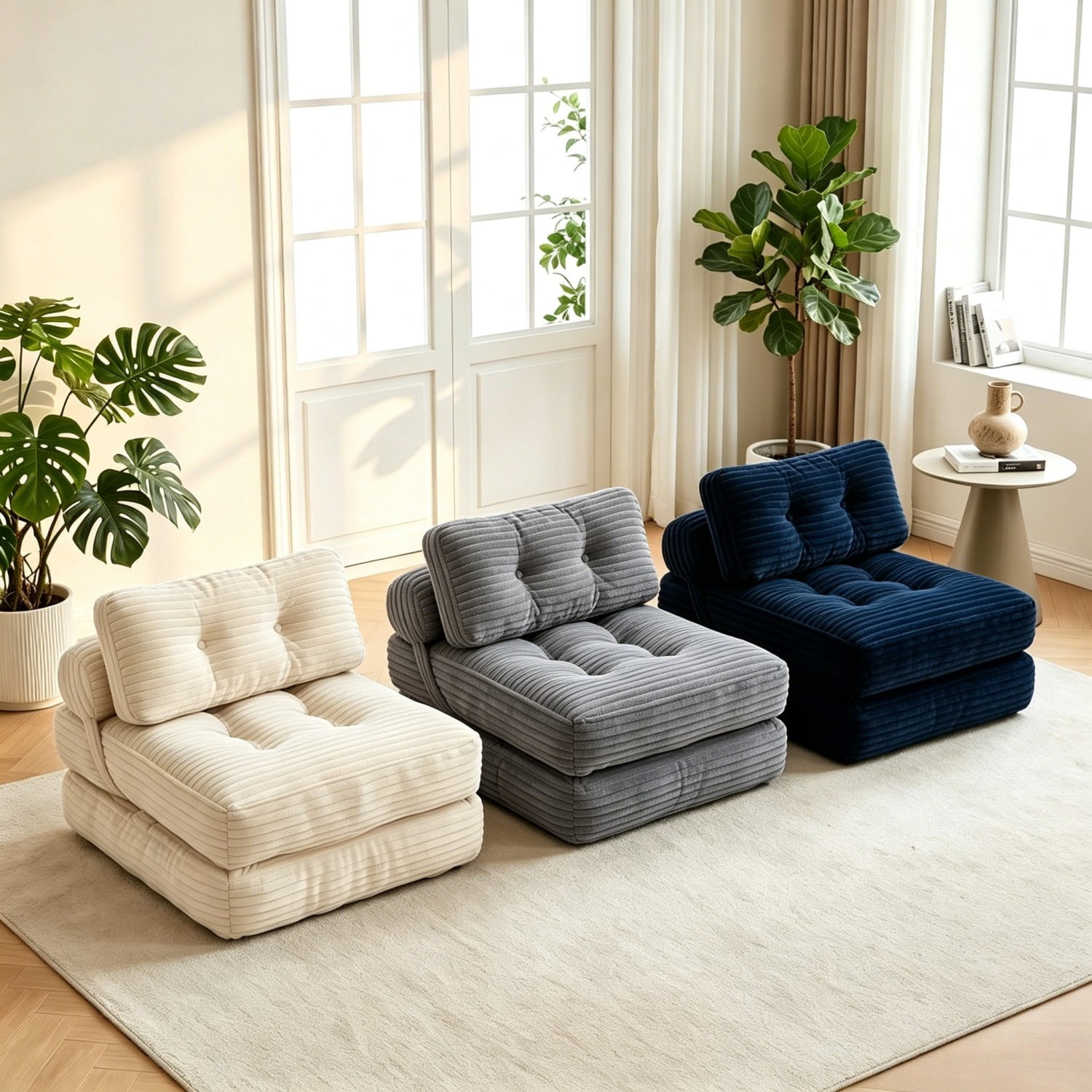 Folding Sofa Bed, Convertible Sleeper Chair with Pillow, Foldable Floor Couch Bed with Back Support, Portable Lounge for Living Room Bedroom, Navy