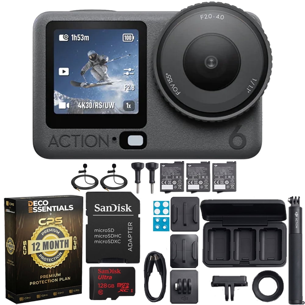 DJI Osmo Action 6 Adventure Combo 4K120fps, 1/1.1" Sensor, f/2-f/4, 4h Battery Bundle w/ Sandisk Ultra microSDXC 128GB Memory Card + 2xDeco Essentials Clip-On Mini Lapel Mic +12 Month Protection Pack