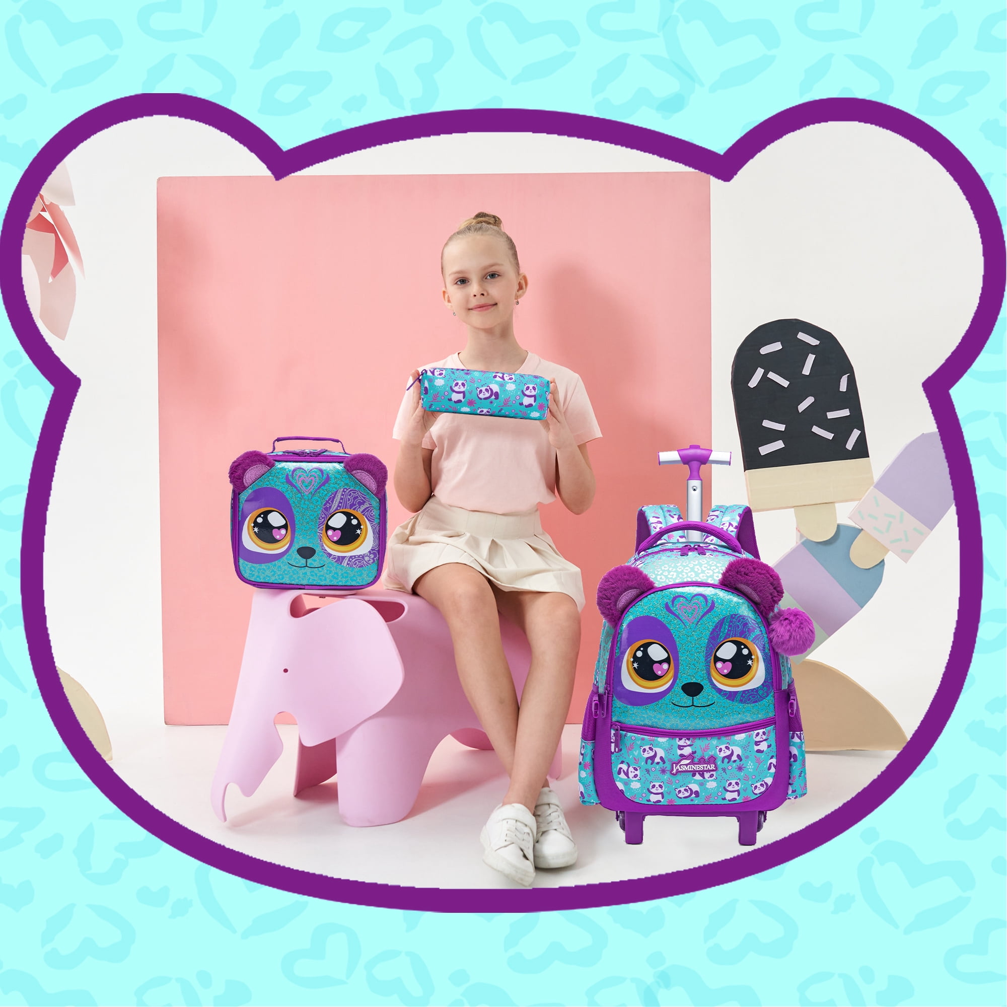 Rolling Backpacks for School Girls Kids Wheeled Backpack with Wheels Bookbag with Lunch Box Pencil Case for Elementary Students Ages 6-8