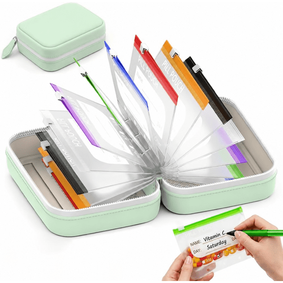 Portable Travel Pill Organizer with 14 Waterproof Labeled Medication Bags for Vitamins & Supplements
