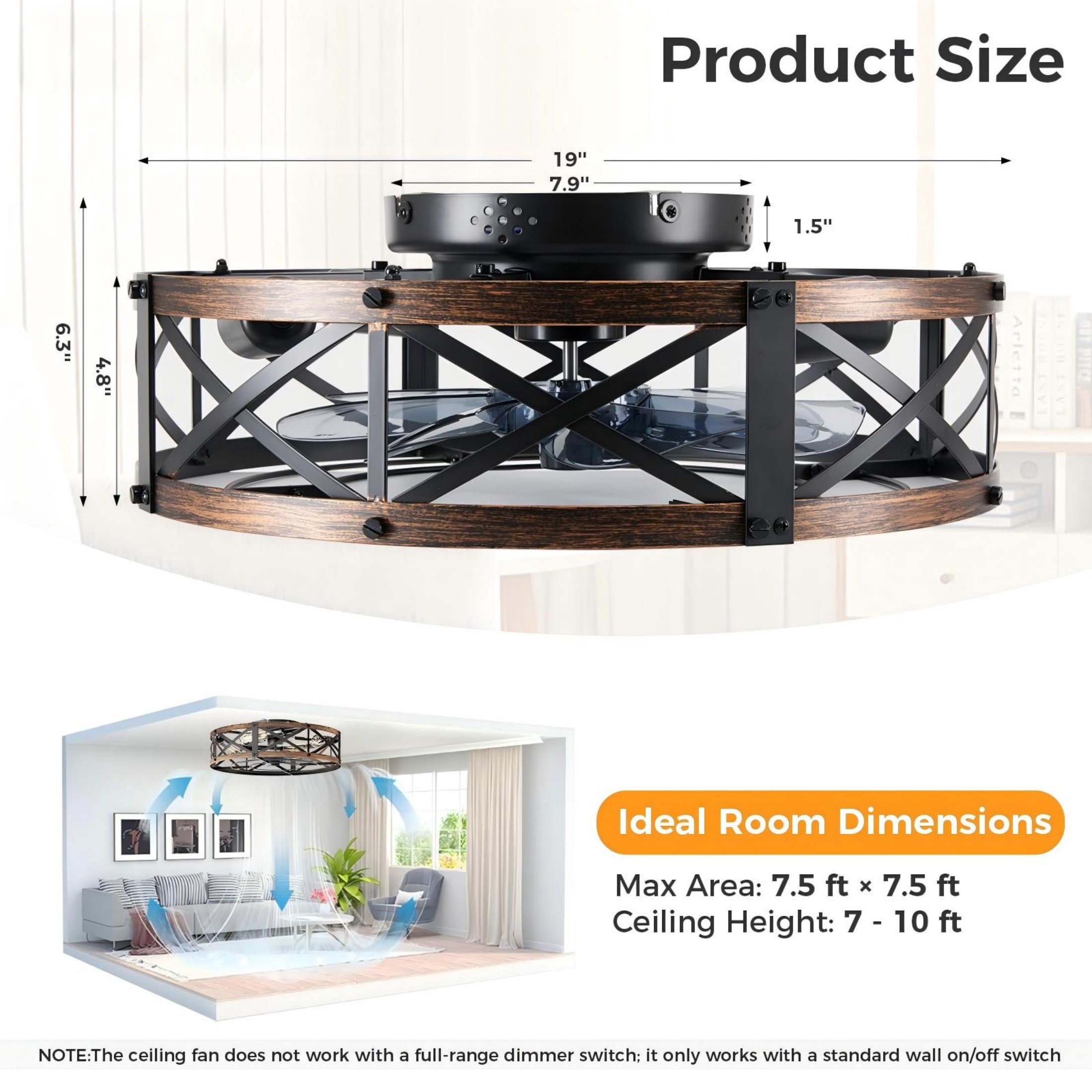 SHOUFTW 19 inch Bladeless Farmhouse Flush Mount Ceiling Fan with Lights, Remote Control Rustic Low Profile Caged Quiet Fandelier for Bedroom Kitchen, Gold