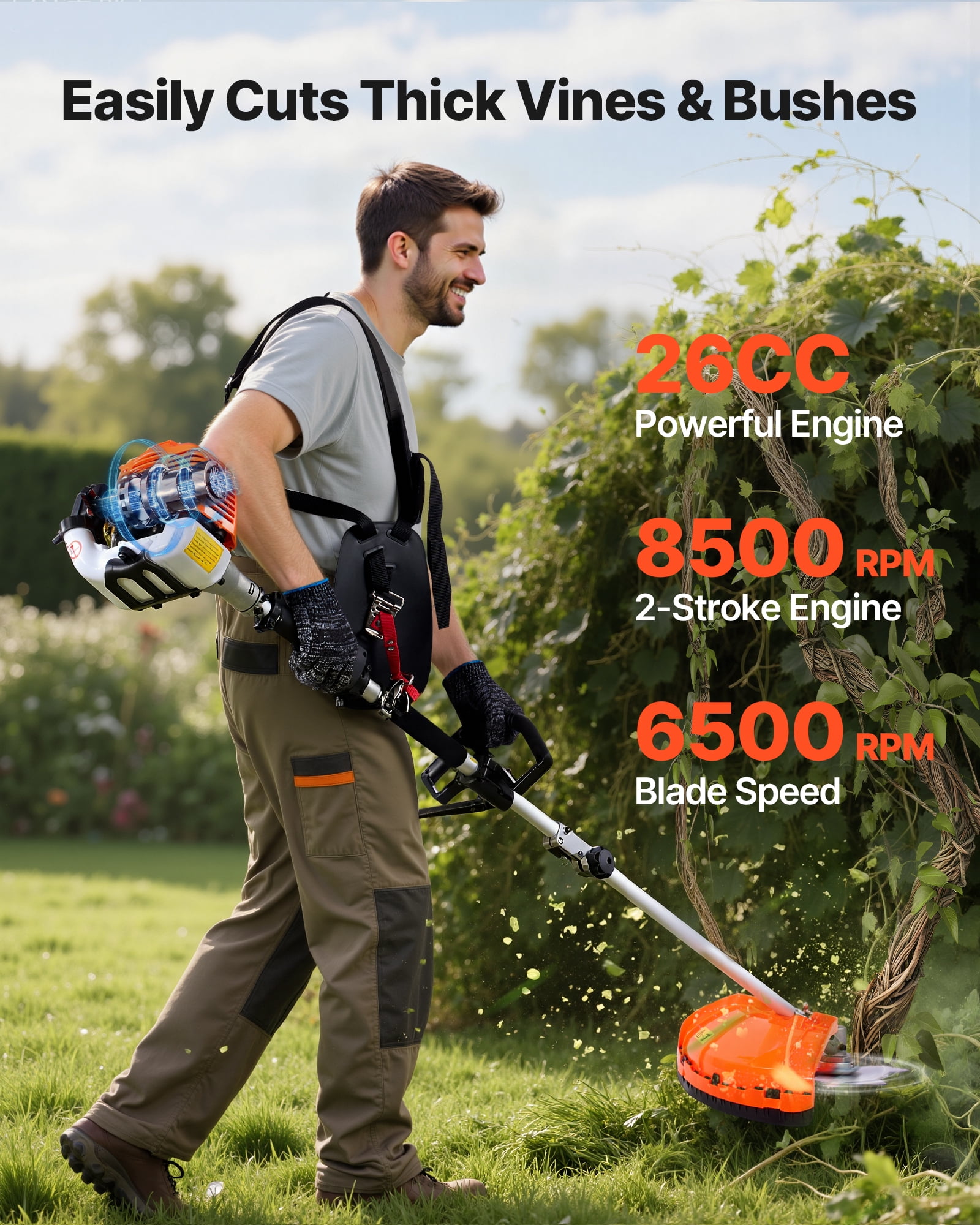 VEVOR Gas Hedge Trimmer,2 Cycle Gas Power Handheld Hedge Trimmer, 4-in-1 26cc Weed Eater with Protective Gear Set, Includes Hedge and String Trimmer, Edger, Brush Cutter, for Trimming Shrubs & Bushes