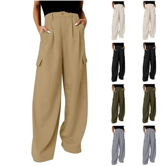 safuny Women's Straight Suit Cargo Pants with Pocket Solid Color Girls Teen Relaxed Trendy High Rise Button Trousers Casual Comfy Workout Black S