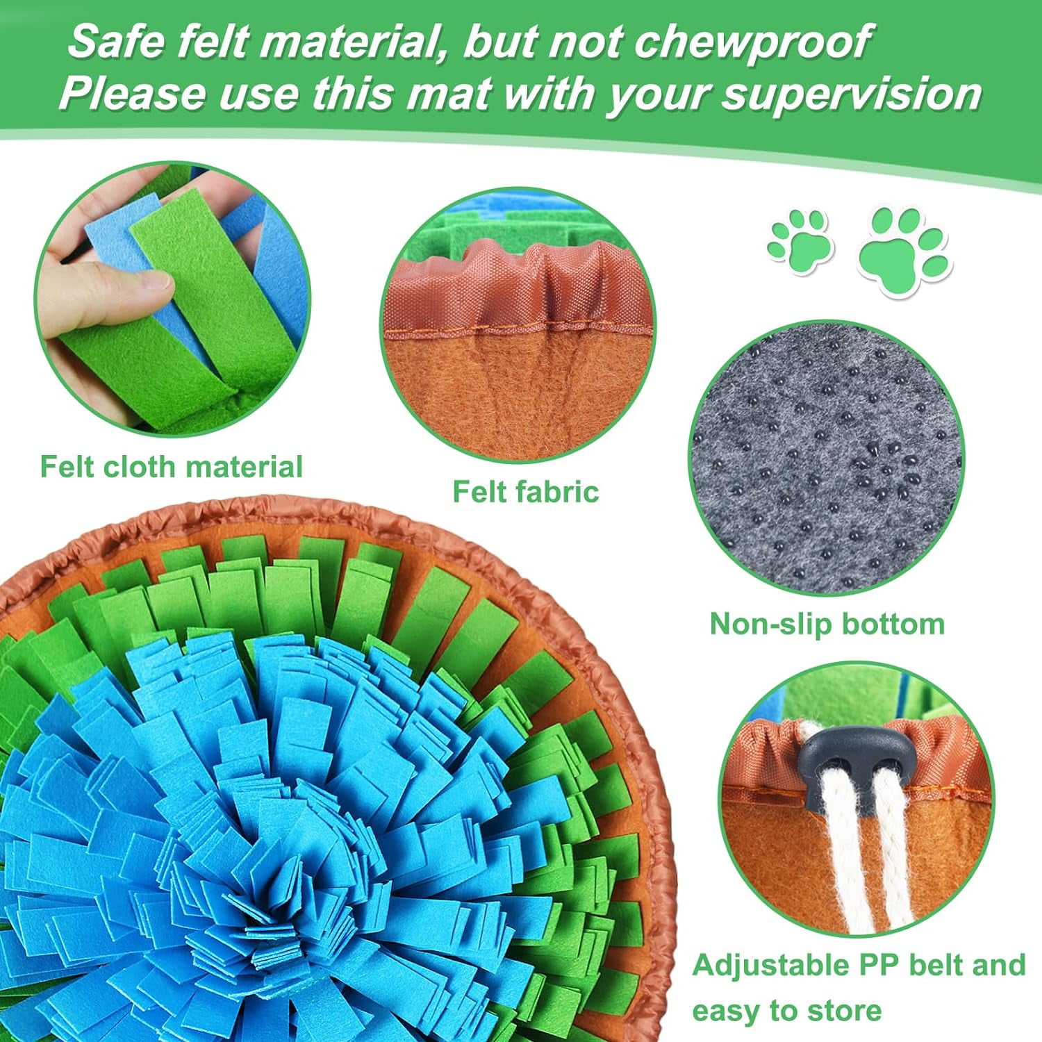 Snuffle Mat for Dogs, Adjustable Treats Feeding Mat for Slow Eating and Keep Busy, Interactive Dog Puzzle Toys Encourages Natural Foraging Skills and Smell Training (Blue Green)