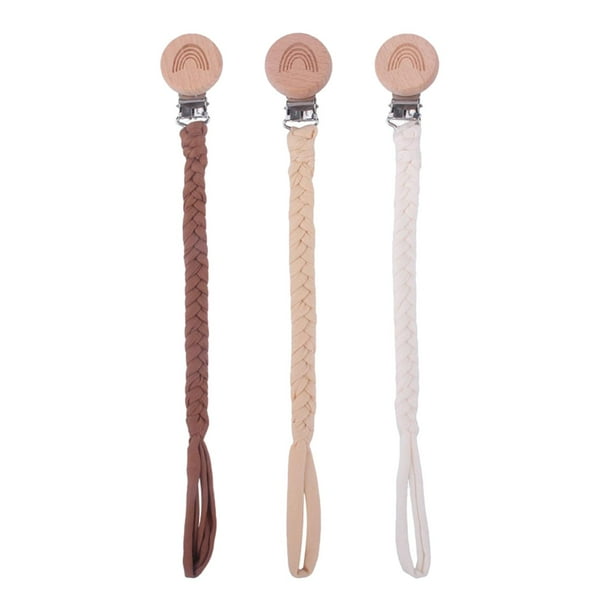 Clips para chupete,Sujeta Chupete Haya Perlas Silicona Niña Niño,Correa de sujeción universal con abrazadera trenzada hecha a mano,Regalo de cumpleaños portátil de cadena Beige/Café/Piel