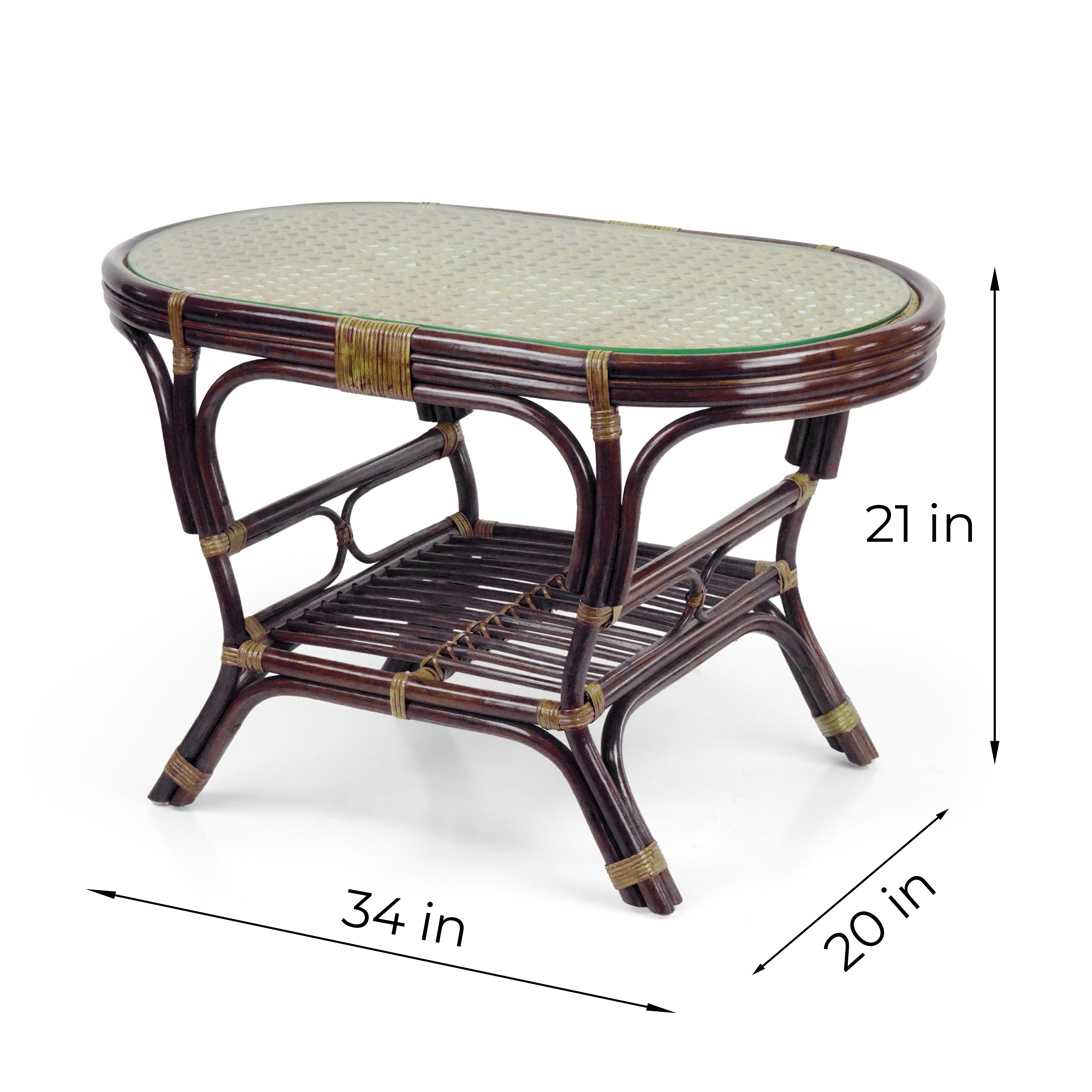 SK New Interiors Pelangi Oval Coffee Table Natural Rattan Wicker ECO Handmade Design w/ Glass Top, Dark Brown