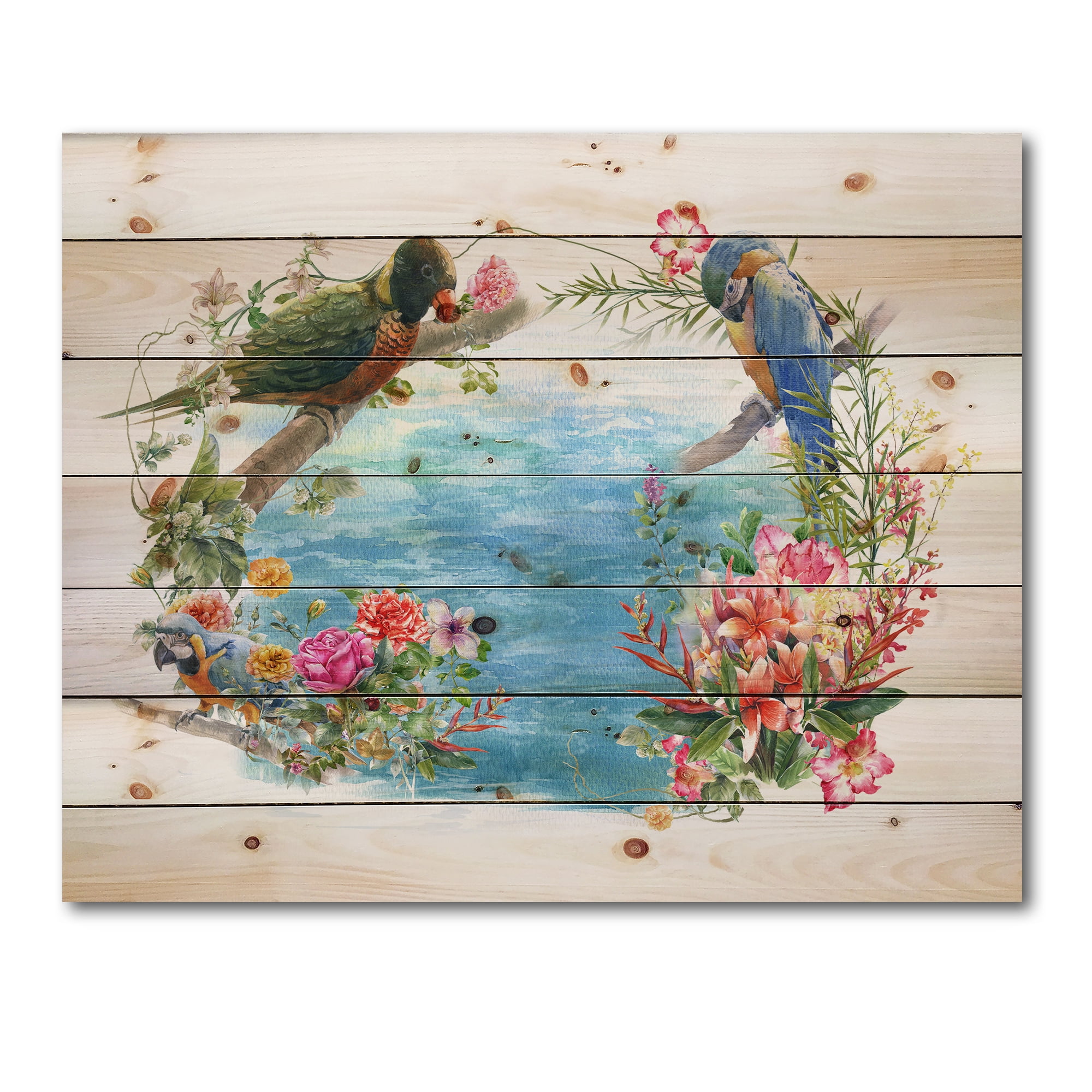 Designart 'Parrots and Flowers By The Blue Waterside' Traditional Print on Natural Pine Wood