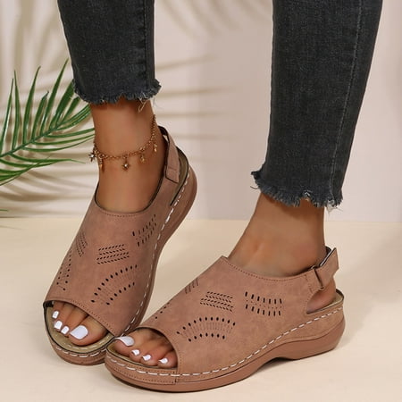 

〖Yilirongyumm〗 Khaki 38 Sandals Women Round Vintage Hook&Loop Solid Wedge Casual Color Women s Sandals Toe Cutout Women s Sandals