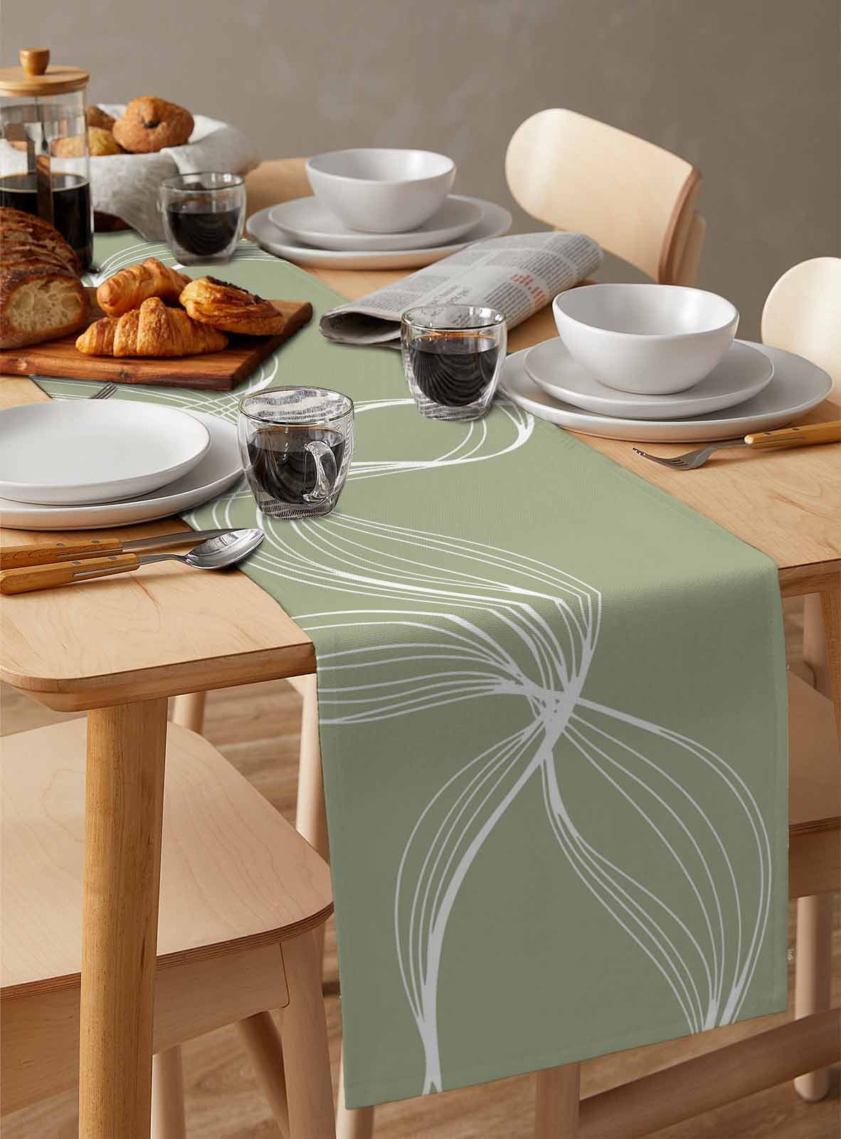 Sage Green Table Runner 36 Inches, Minimalist Abstract Modern White Art Bed Runner Dresser Scarves Tabletop for Indoor Outdoor Parties/Ceremony/Banquet, 13"x 36"