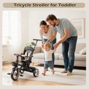 JoyStone 7 in 1 Foldable Tricycle Stroller for Toddler, Baby Tricycle with Adjustable Canopy, Parent Handle, Removable Pedals, Seat Belt and Storage Basket, Kids Bike for Ages 1-6 Boys & Girls, Khaki