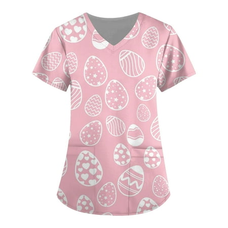 

XHJUN Scrub Tops Women Plus Size Printed Easter Bunny Print Scrub Tops Short Sleeve V Neck with Pocket Pink XXXL