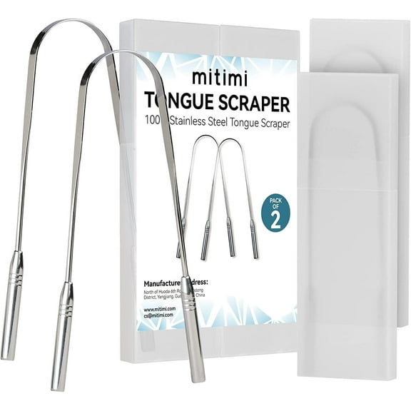 Mitimi Tongue Scraper with Case - 2 Pack, Fights Bad Breath, 100% Stainless Steel