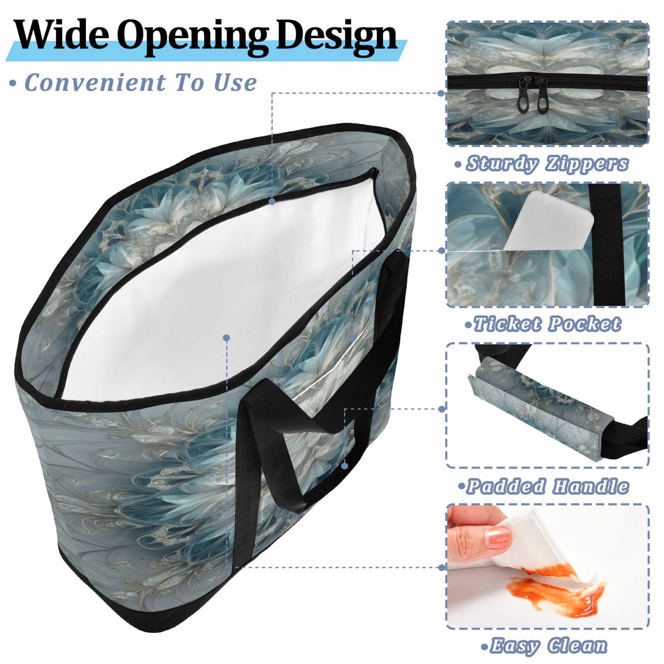 Extra-Large Wide Opening Design Capacity Hand-Held Ice Pack Thickened Insulation Layer For Long-Lasting Cold Retention For Outdoor Shopping Picnics And Camping Swirls Of Light Blue