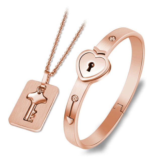 Cerradura Pulsera y llave Collar Brazalete Colgante Acero de titanio Juego de joyas para amantes Irfora Pulsera