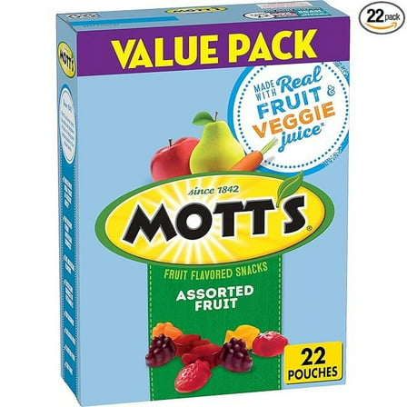 Pack of 1 Mott's Fruit Flavored Snacks, Assorted Fruit, Gluten Free Snack, Value Pack, 22 Pouches, 17.6 oz