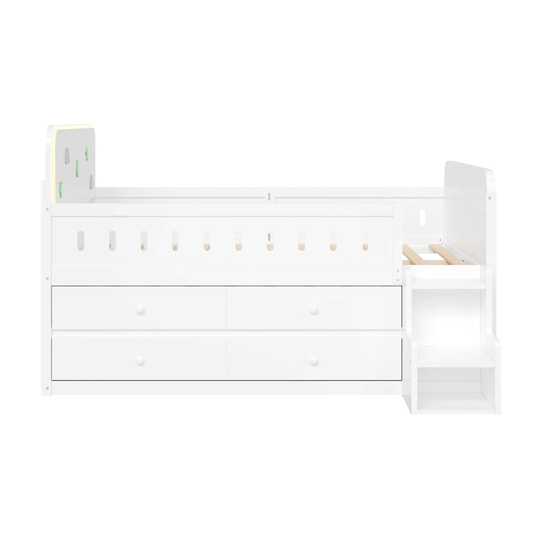 Noble House Halden Full Size Wooden Bed, Integrated LED Lighting and 4 Storage Drawers with Ladder, White