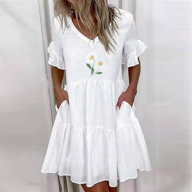 Puntoco Vestido De Manga Corta Con Cuello En V, Vestido De Verano Informal Estampado De Manga Corta Con Cuello En V Y Bolsillo Para Mujer, Color Blanco L