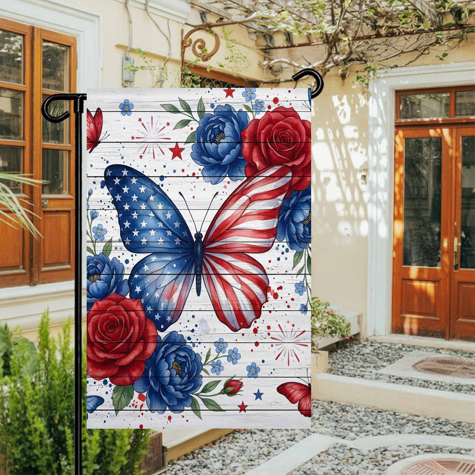4th of July Garden Flags Red White Blue Butterfly Garden Flag Double Sided Welcome Flag Star Rose Flower Independence Day Yard Flags for Outdoor Lawn Porch Memorial Day Holiday Decor 28x40 Inch