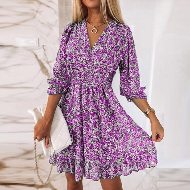 New Floral Printed Mini Dress Women Elegant V Neck Ruffle Sleeves Dresses 2022 A Line Long Sleeve Vintage Casual Dress VestidosM Gao Jinjia LED