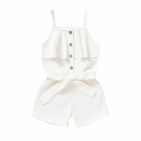 DGMIOCS Girls Ribbed Romper - Sleeveless Ruffle Jumpsuit with Belt & Rolled White 12-18 Months