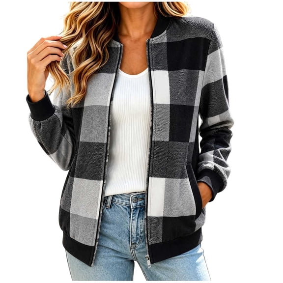 QIYAGBSA Bomber Jackets for Women Plaid Full Zip Short Baseball Collar Long Sleeve with Pockets Warm Tweed Fall Winter Casual Outerwear