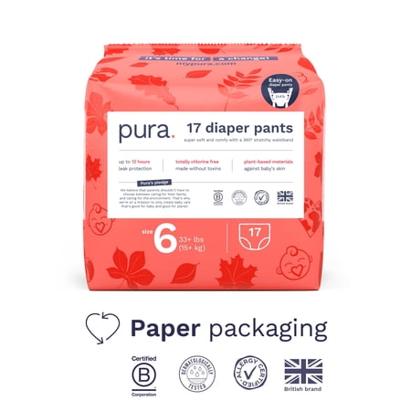 Pura Pull-On Diaper Pants with 360 Stretchy Waistband, Size 6, 17 Count (Choose Your Size and Count)