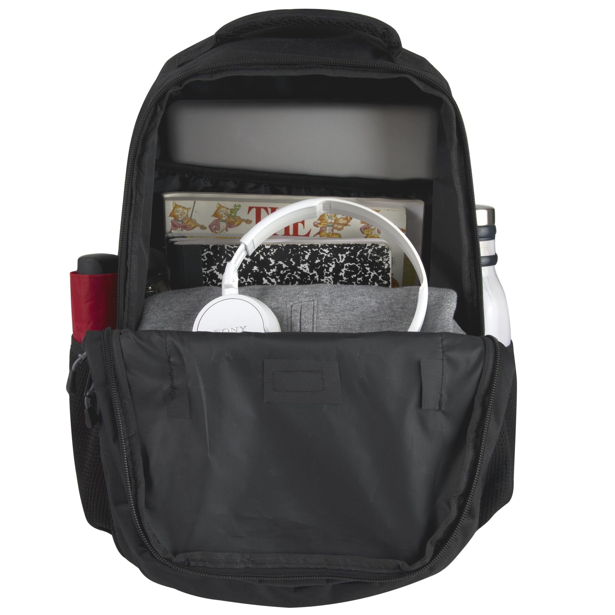 Trail Maker 24 Pack of Bulk Wholesale 19 Inch Heavy Duty, Dual Compartment, Laptop Backpacks with Skateboard Straps for Work, School, College, Skating, Charity and Homeless Donation in All Black Pack