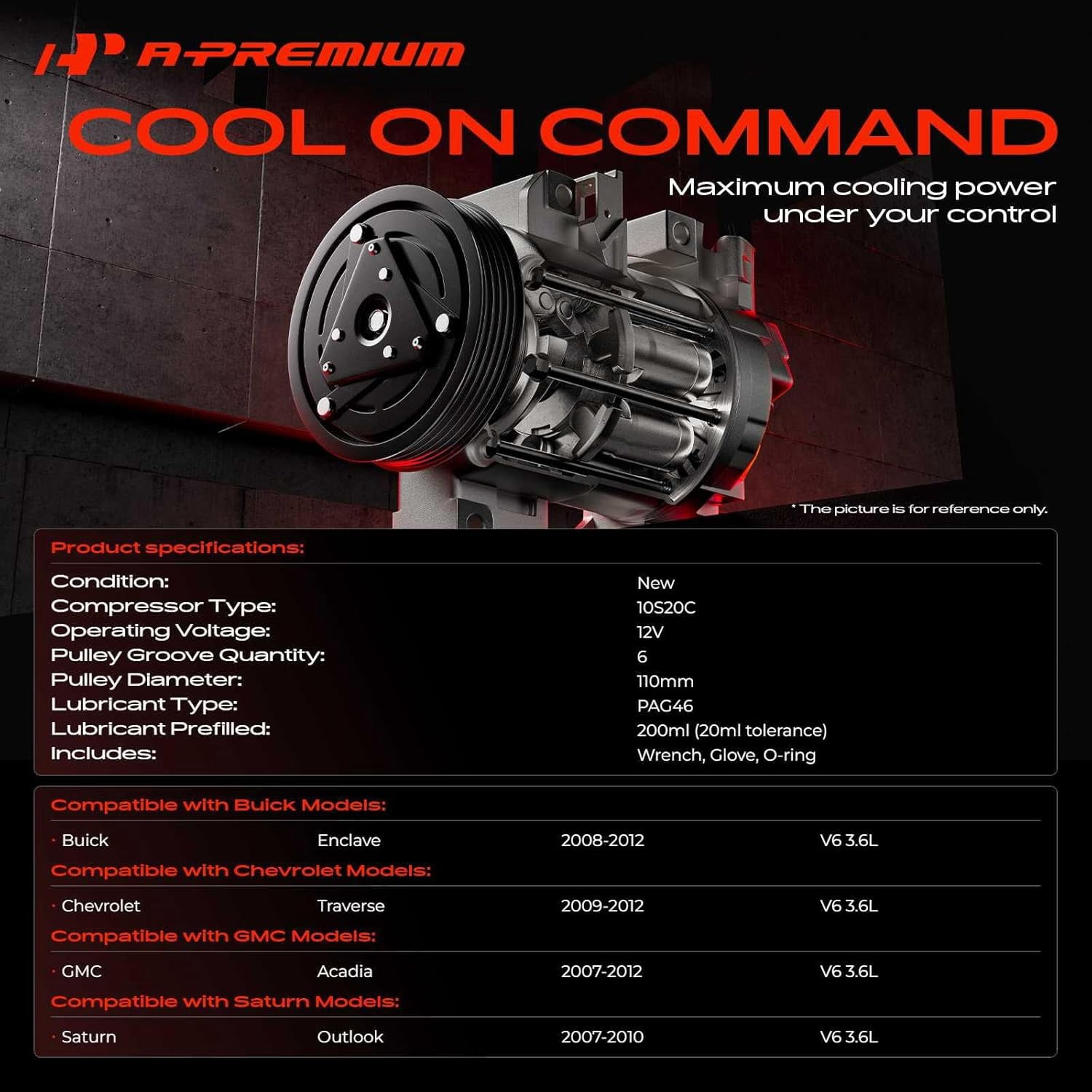 A-Premium Air Conditioner AC Compressor with Clutch Compatible with Chevrolet Traverse 2009-2012 & GMC Acadia 2007-2012 & Buick Enclave 2008-2012 & Saturn Outlook 2007-2010