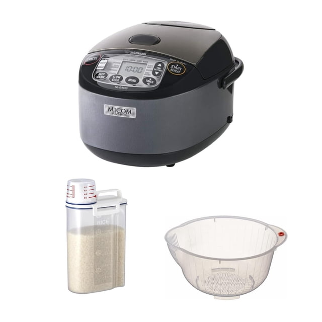 Zojirushi NL-GAC10BM Olla Arrocera y Calentadora Micom Umami de 5.5 Tazas (Arroz Crudo) (Negro Metálico) Paquete con Contenedor para Arroz y Tazón para Lavar Arroz de 24 cm (3 Artículos)