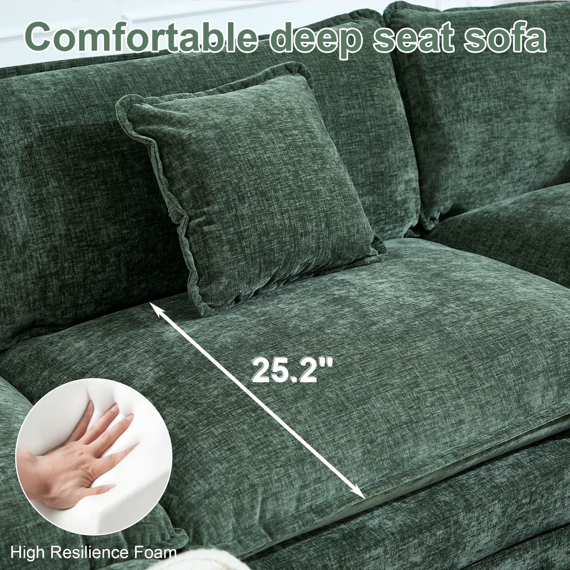 GNIXUU 113.4 " U-Shaped Cloud Couch ,Oversized Sectional Sofa with 2 Ottomans,Modern Chenille Deep Seat Modular 7-Seater Corner Couches for Living Room, Office,Green