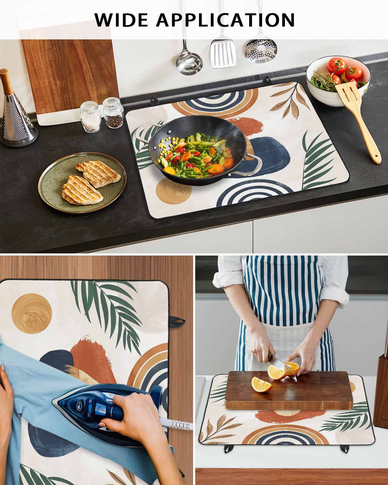 Large Induction Cooktop Protector Mat Boho Stove Top Covers for Electric Stove, Bohemia Middle Century Leaves Abstract Minimalist Beige Decorative Stove Burner Cover Mats, Glass Top Stove Cover