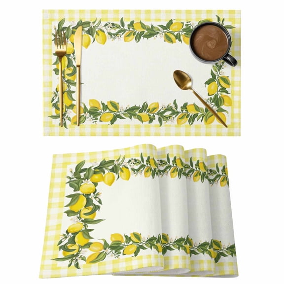 Summer Lemons Placemats Set of 8, Farmhouse Fruits Yellow Buffalo Plaid Placemats for Dining Table, Place Mats for Kitchen Tabletop, Waterproof Wipeable Dining Table Mats Set