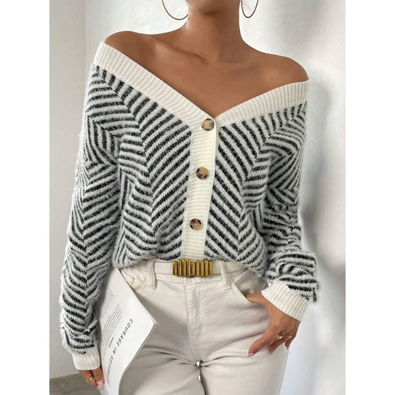 Women Striped Button‑Front Drop‑Shoulder Knit Cardigan, Casual Long‑Sleeve Outer Top