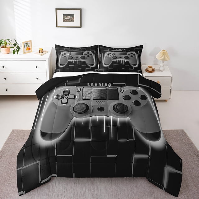 Grey Gaming King Size Comforter Set - Gamer Comforter Boys Bedding Sets, Neon Lights Abstract Geometry Design Gamer Room Decor for Boys