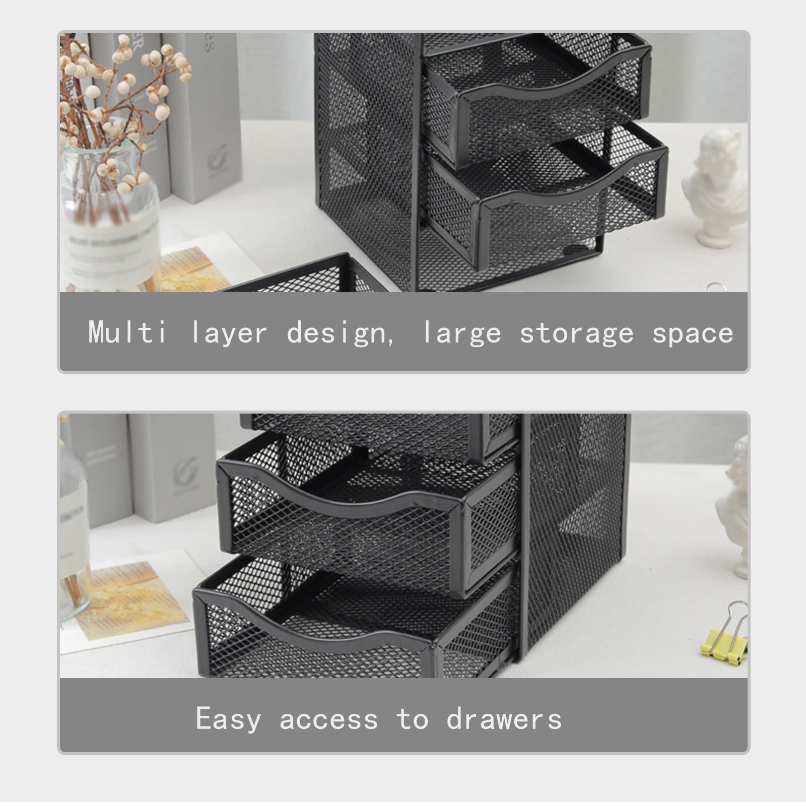 YMARPT Mesh Desk Supplies Organizer With 3 Drawer Office Desktop Organizers And Accessories Stationery Caddy, Black for Household Car Cleaning