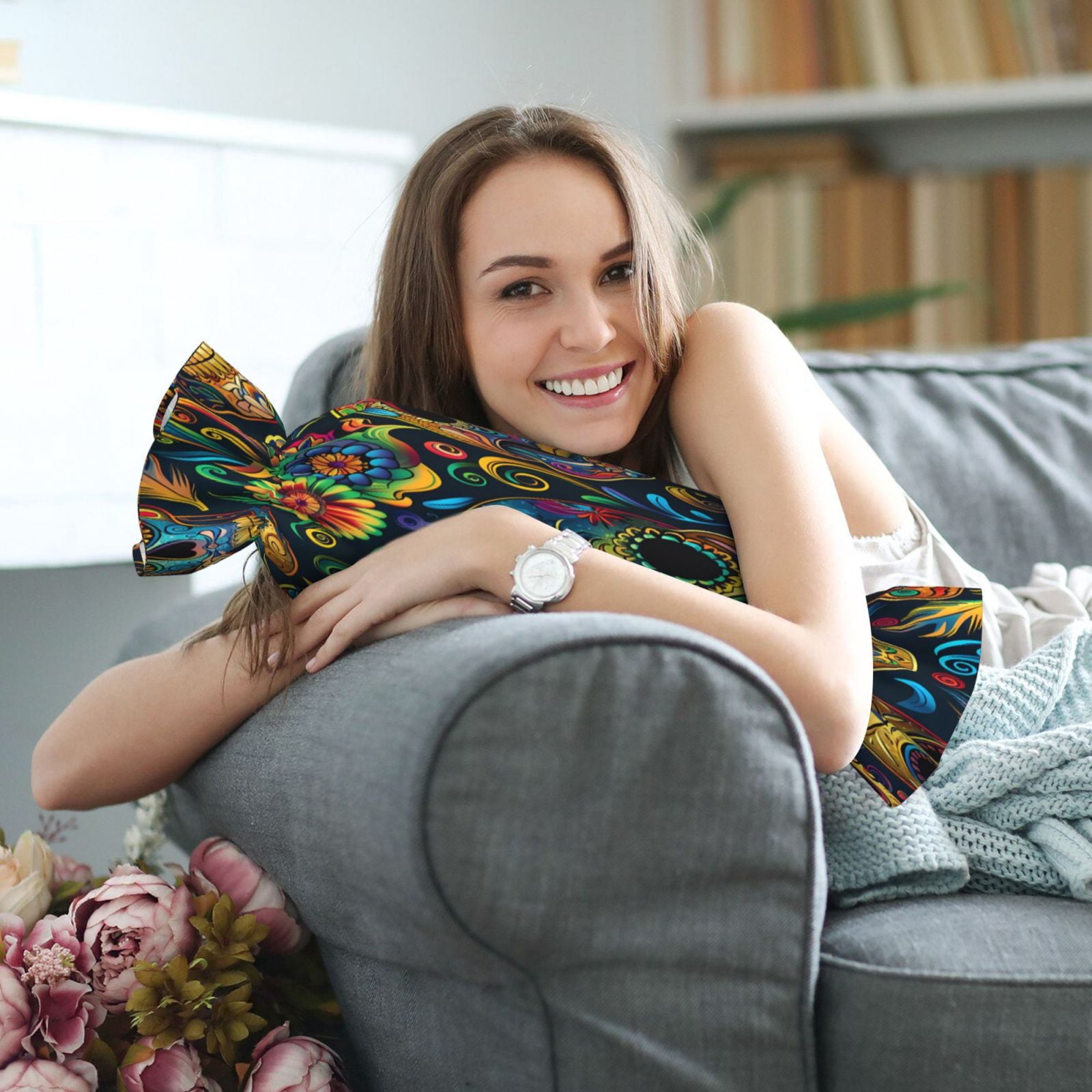 Candy Throw Pillow Travel Cervical Pillow Cylindrical Neck Body Cushion With Insert For Bed Couch Home Decor 9.8x24.4in Festive Sugar Skulls (10)