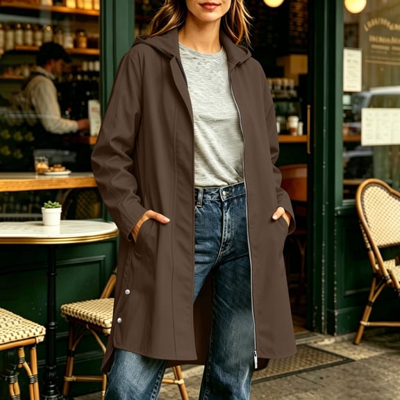 thefmos Women Plus Size Fall Winter Hooded Zip Up Open Front Casual Basic Coat Outdoor Raincoat Solid Trendy Jacket, Brown 3XL