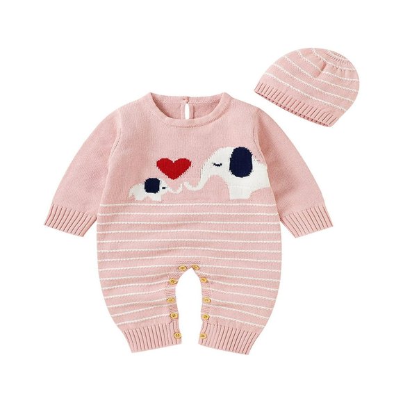 Infant Baby 2Pcs Winter Outfits Long Sleeve Elephant Heart Print Knit Jumpsuit with Beanie Hat Set White 0-3 Months