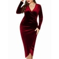thumbnail image 2 of Womens Plus Size Long Sleeve Velvet Bodycon Dresses Elegant Ruched Wrap Deep V Neck Party Cocktail Dress Red 4XL, 2 of 9