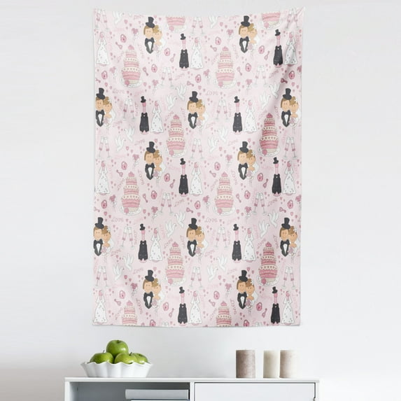 Pink Tapestry, Hand Drawn Pattern of Couple Getting Married Celebration Cakes Flowers Drinks, Fabric Wall Hanging Decor for Bedroom Living Room Dorm, 5 Sizes, Pink White Black, by Ambesonne