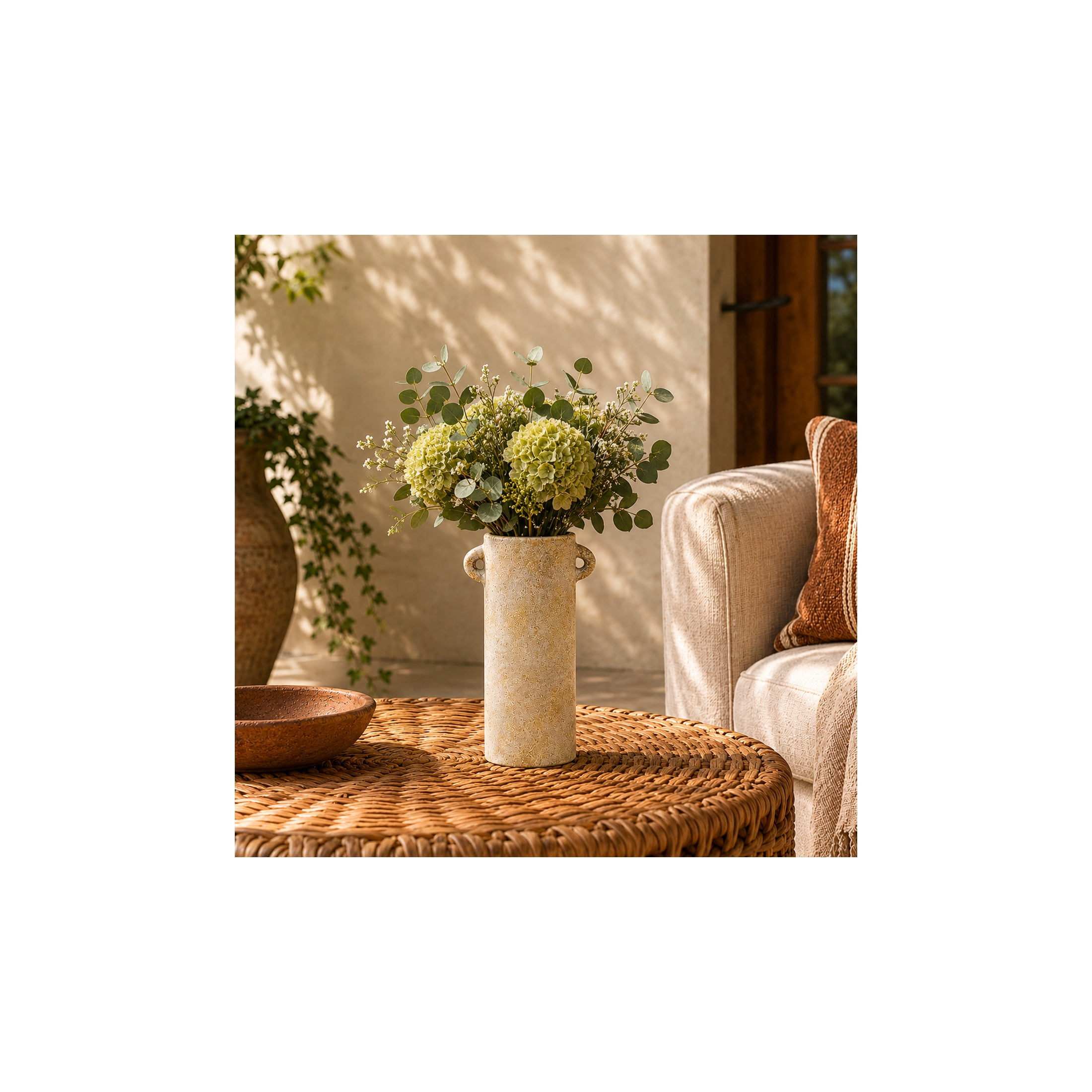 DecMode 9" Antique Style Washed Cream Ceramic Vase with Handles