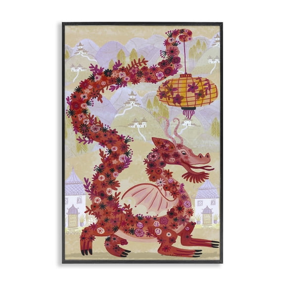 Stupell Industries Eclectic Dragon & Lantern Mythology Black Framed Giclee Art, 12 x 18, by Kay Widdowson
