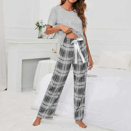 

JNGSA Lounge Sets For Women-Women S Fashion Printed Round Neck Comfortable Loose Blouse Casual Tops+Pants Micro Bikini Women s Pajama Sets Clearance