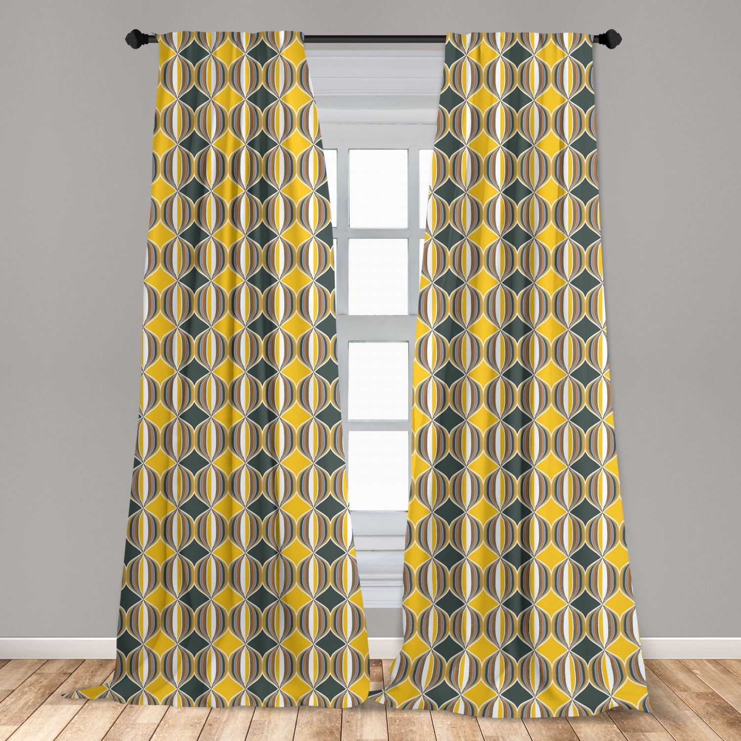 2 Window Panels, 2 Ties 4 Piece Sunshine Yellow/Grey/White Color Block Microfiber Curtain Set 108 inch Wide X 84 inch Long 