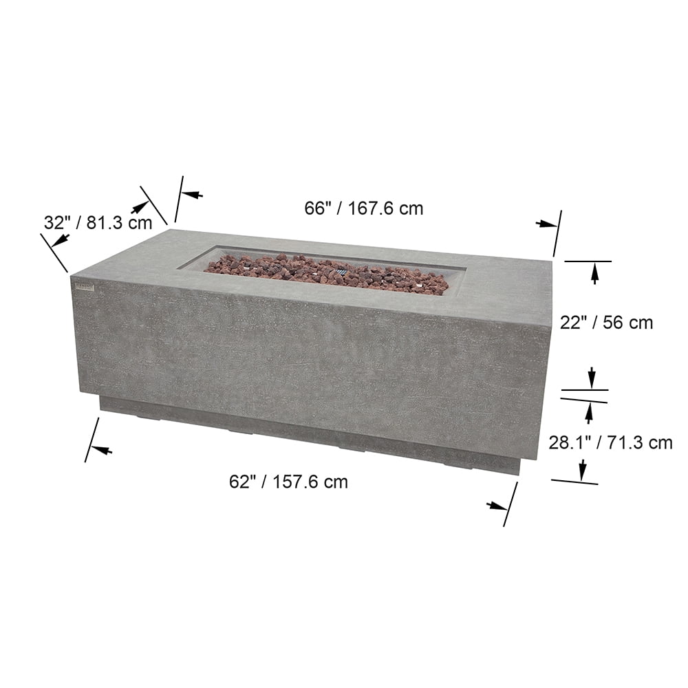 Elementi Andes Propane Fire Pit for Outside Outdoor Firepit Table with Internal Tank Holder Firepit Concrete Rectangular Fire Table Patio Heater Fireplace 60,000 BTUs - Light Grey, 66 x 32 Inches