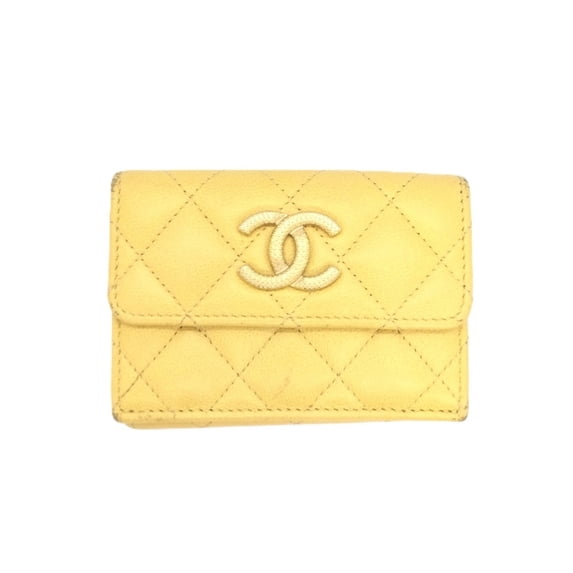Pre-Owned CHANEL Coco Mark Tri-fold Wallet in Caviar Skin, AP296, Yellow, Women's (Fair)
