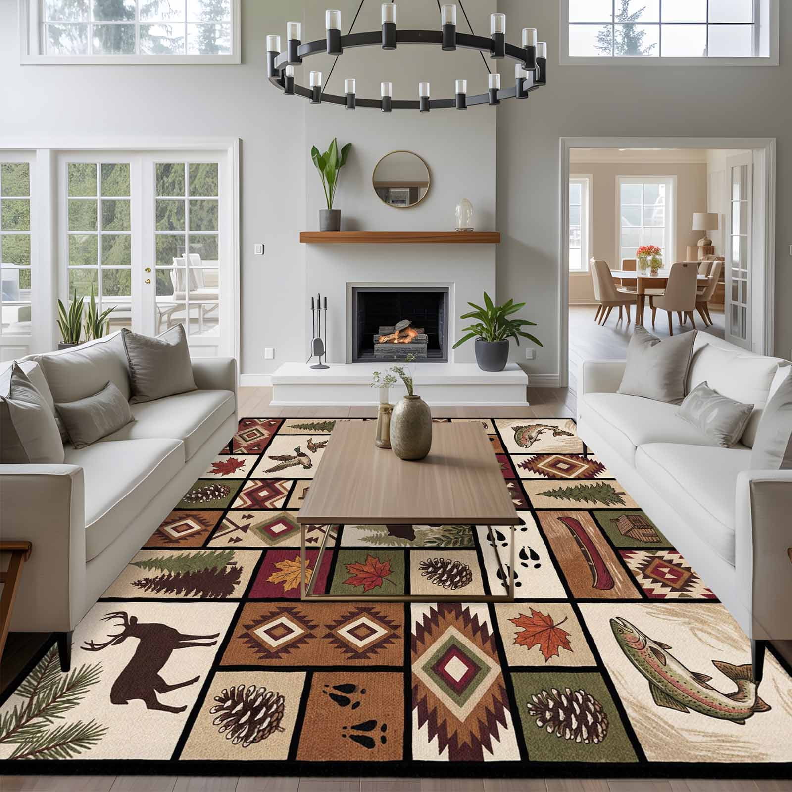 Country Patch Plaid Area Rugs 8'x10', Washable Small Throw Rugs for Living Room Patio, Brown Farmhouse Retro Bear Deer Cabin Indoor Outdoor Rug Non-Slip Low Pile Carpet Runner Reversible Floor Mats